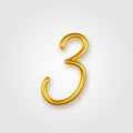 Gold 3d realistic number 3 sign on a light background.