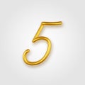 Gold 3d realistic number 5 sign on a light background.