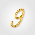 Gold 3d realistic number 9 sign on a light background.