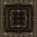 Gold 3d seamless pattern. Greek square frame. Warped lines surface 3d background. Repeat textured creative backdrop. Modern line