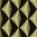 Gold 3d textured vector seamless pattern. Abstract geometric surface background. Striped tiled rhombus, wave lines, curves.