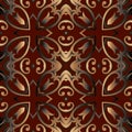 Gold 3d vintage floral seamless pattern. Vector ornamental Baroque style dark red background. Ornate repeat surface Royalty Free Stock Photo