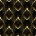 Gold 3d wavy lines seamless pattern. Quilted style surface 3d background. Repeat textured backdrop. Modern line art Deco ornament