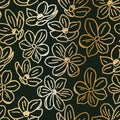 Gold daffodil outlines on black background, seamless vector pattern. Narcissus spring flowers.