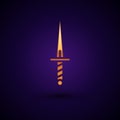 Gold Dagger icon isolated on black background. Knife icon. Sword with sharp blade. Vector