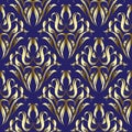 Gold Damask floral vector seamless pattern. Ornamental elegance dark blue background. Golden vintage flowers, leaves, swirls, Royalty Free Stock Photo