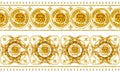 Gold damask seamless pattern. Watercolor vintage golden lion ornament.