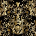 Gold damask vector seamless pattern. Vector floral black background wallpaper wuth vintage flowers, scroll leaves, swirls, curves Royalty Free Stock Photo