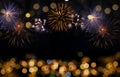 Gold and dark blue Fireworks and bokeh in New Year eve and copy space. Abstract background holiday Royalty Free Stock Photo