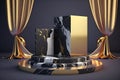 Gold and dark marble podium for product presentation, illustration ai generative