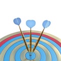 3 gold dart hit the target. the success of the concept and focused following purpose. 3d illustration isolated on white