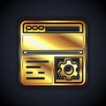 Gold Debugging icon isolated on black background. Debugging tool. Magnifying glass on bug programming. Testing and Royalty Free Stock Photo
