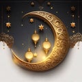 Gold decorated crescent moon and hanging lanterns and stars. Lantern as a symbol of Ramadan for Muslims Royalty Free Stock Photo