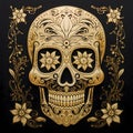 Gold decorated skull, decorated with gold flowers roses. For the day of the dead and Halloween, black isolated background Royalty Free Stock Photo