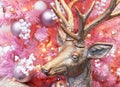 Gold deer on the background of a pink Christmas tree with white and silver balls Royalty Free Stock Photo