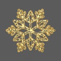 Gold delicate snowflake isolated on gray background. Christmas element in golden openwork style. 3d render.