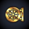 Gold Dharma wheel icon isolated on black background. Buddhism religion sign. Dharmachakra symbol. Vector