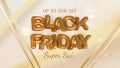 Gold diagonal, blurred lines, black friday sale banner background, realistic 3d luxury lettering, up to 50 % off.