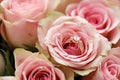 Gold diamond engagement ring in beautiful pink rose flower among big amount of roses in big bouquet close up Royalty Free Stock Photo