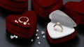 Gold diamond rings with 3D render design, housed in an open red velvet jewelry box with diamonds of various sizes on the floor. Royalty Free Stock Photo