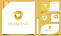 Gold diamond shield protection logos design vector illustration with line art style vintage, modern company business card template