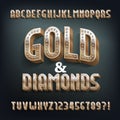 Gold and Diamonds alphabet font. 3d golden metal letters and numbers. Royalty Free Stock Photo