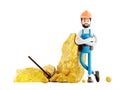 Gold digger character miner mining gold on white background. 3d illustration.