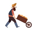 Gold digger hunter pushing trolley with gold, flat vector illustration isolated.