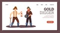 Gold diggers and prospectors men with shovel, lantern and pan - flat vector landing page illustration.