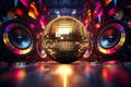 Gold Disco Ball, Audio Speaker, Music column, sub-woofer. Concept online music. Disco Party, song