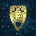 Gold divination board planchette over the blue sky and stars. Antique style boho chic sticker or fabric print design vector illust Royalty Free Stock Photo