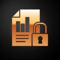 Gold Document and lock icon isolated on black background. File format and padlock. Security, safety, protection concept. Vector Royalty Free Stock Photo