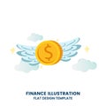 Gold dollar coins with blue wings. Flying money in blue sky. Invest Vector illustration