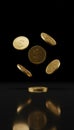 Gold dollar coins falling on reflecting black surface Royalty Free Stock Photo