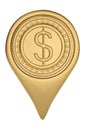 Gold dollar pin icon on white backgroun.3D illustration.
