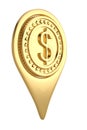 Gold dollar pin icon on white backgroun.3D illustration.