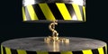 Gold dollar symbol with cracks under the hydraulic press. The fall or resistance of the dollar. 3d rendering