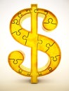 Gold dollar symbol made of puzzle parts. 3D illustration Royalty Free Stock Photo