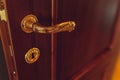 gold door handle on the wooden classic door. Royalty Free Stock Photo