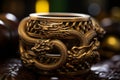 a gold dragon ring sitting on top of a wooden table