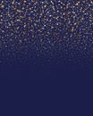 Gold dust on blue background. Falling bright sparkling particles. Gold glitter confetti. Falling sparkles. Golden light effect. Bo Royalty Free Stock Photo