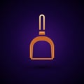 Gold Dustpan icon isolated on black background. Cleaning scoop services. Vector