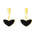 Gold earring with black heart stone isolated on white background. Woman Expensive luxury accessories. Flat style vector