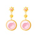 Gold earring with pink gemstone isolated on beige background. Modern luxury jewellery accessories vector illustration