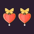 Gold earring with red heart shape diamond pearl and golden bow. Woman Expensive luxury accessories. Flat style vector illustration