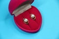 Gold earrings with pearls in red velvet box in the form of a heart on a blue background Royalty Free Stock Photo