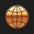 Gold Earth globe icon isolated on black background. World or Earth sign. Global internet symbol. Geometric shapes. Long Royalty Free Stock Photo