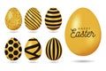 Gold easter egg. Happy Easter 7 realistic golden shine decorated eggs set. Vector illustration collection. Perfect for holiday Royalty Free Stock Photo