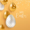 Gold Easter eggs and spring flower greeting card Royalty Free Stock Photo