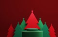Gold edged green podium with red and green christmas tree with gold edge elegant christmas and new year on red background